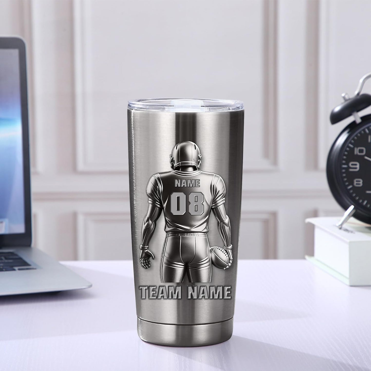 Personalized Football Player 20oz Tumbler Travel Mug, Custom Name & Number Football Stainless Steel Insulated Cup, Christmas Birthday Water Bottle Gifts for Sport Lovers Fan Men Boys (Football Player)