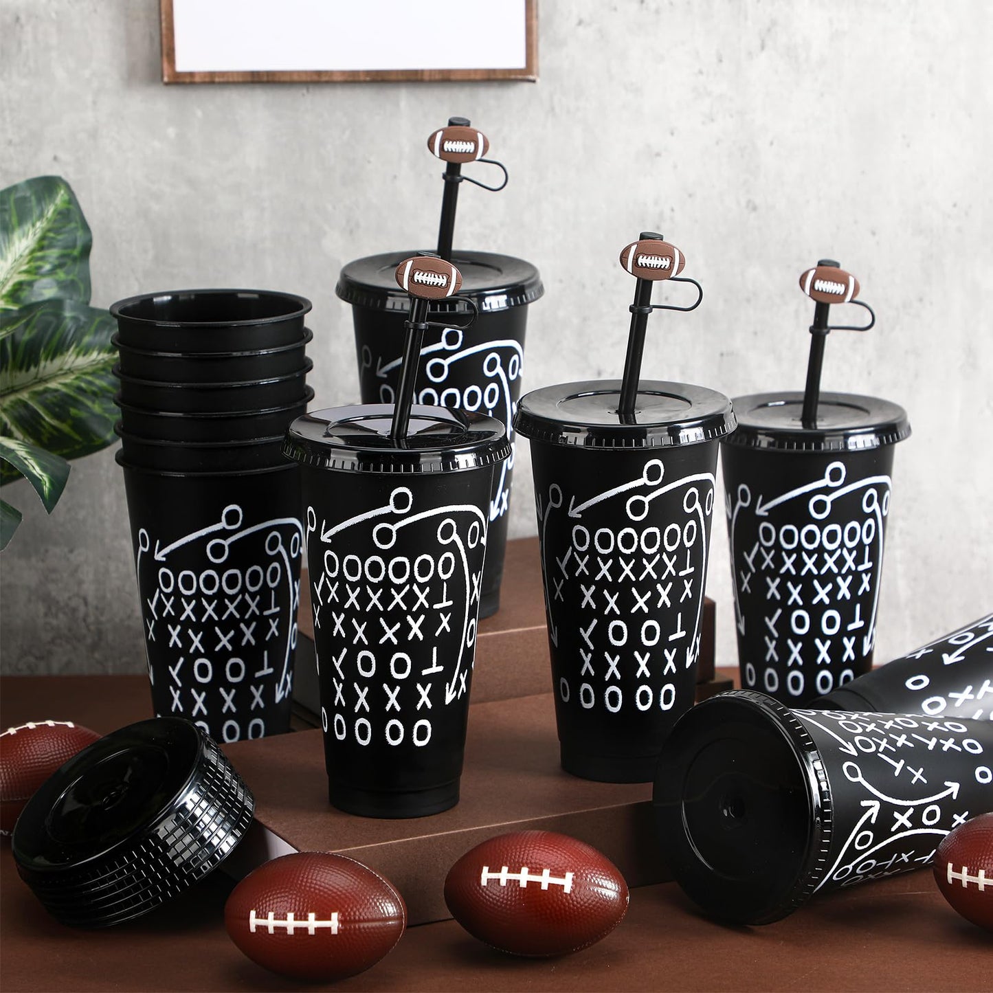 Domensi 12 Pcs Football Plastic Tumbler with Lid and Straw 24oz Reusable Plastic Cups with Straw Cover Caps Football Gifts for Fan Friend Guest Birthday Office Sport Party Supplies