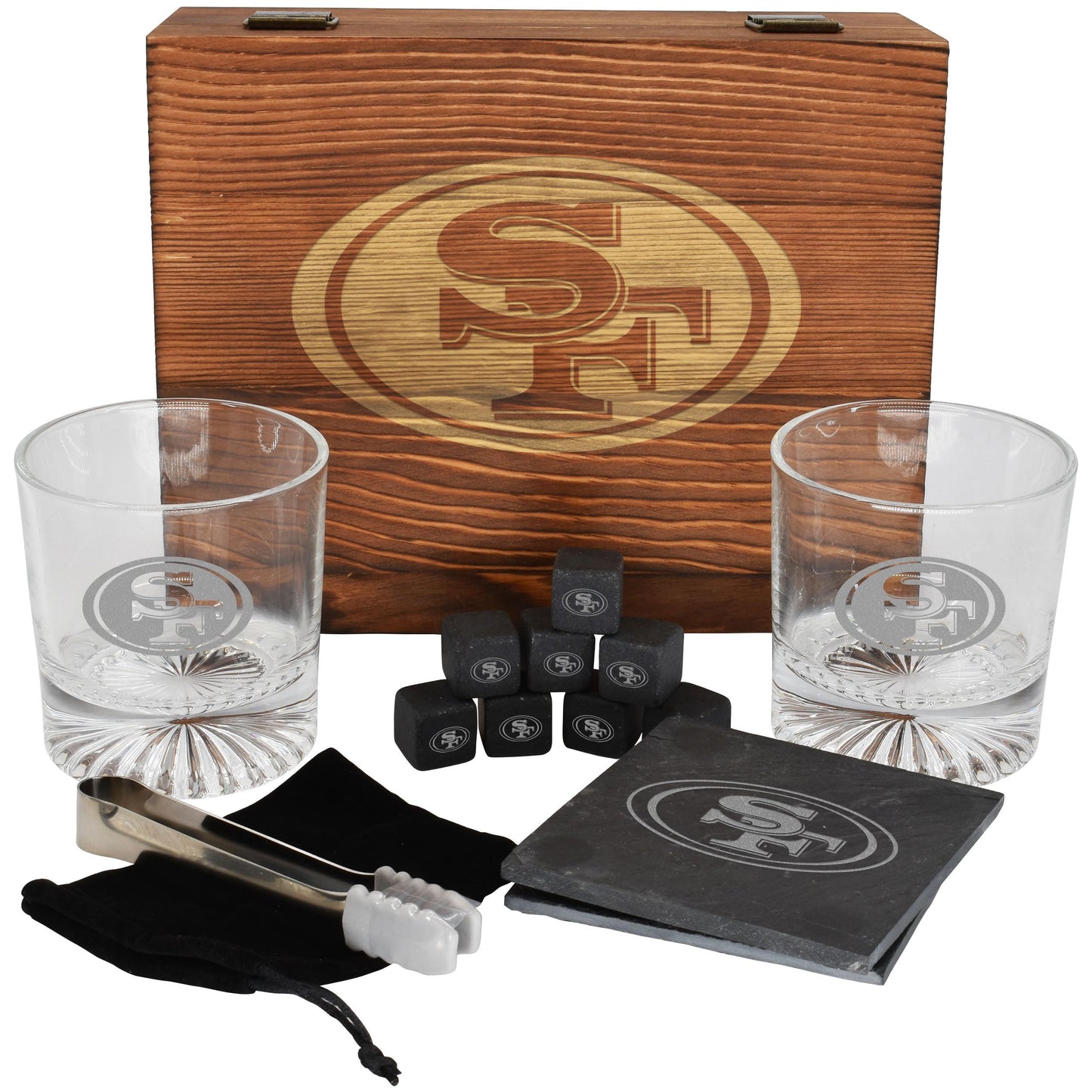The Memory Company Licensed NFL Wood Boxed Drinkware Gift Set - Includes 2 Premium Rock Glasses, Cooling Cubes, Tongs, and Coasters, San Francisco 49ers