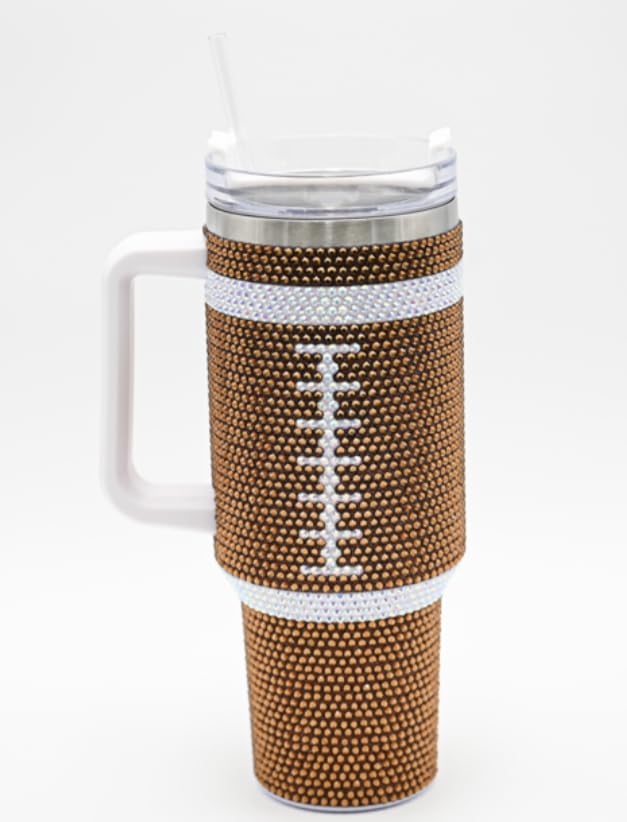 SEM LIFE 40 Oz Rhinestone Bling Tumbler Cup with Handle and Straw (FOOTBALL), Stainless Steel and Double Wall Insulated, Stand Out and Shine at Parties, Ball Games, Tailgating, Office, Daily Life