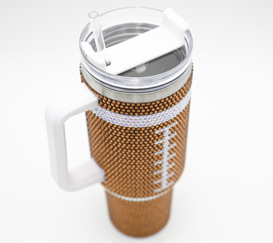 SEM LIFE 40 Oz Rhinestone Bling Tumbler Cup with Handle and Straw (FOOTBALL), Stainless Steel and Double Wall Insulated, Stand Out and Shine at Parties, Ball Games, Tailgating, Office, Daily Life
