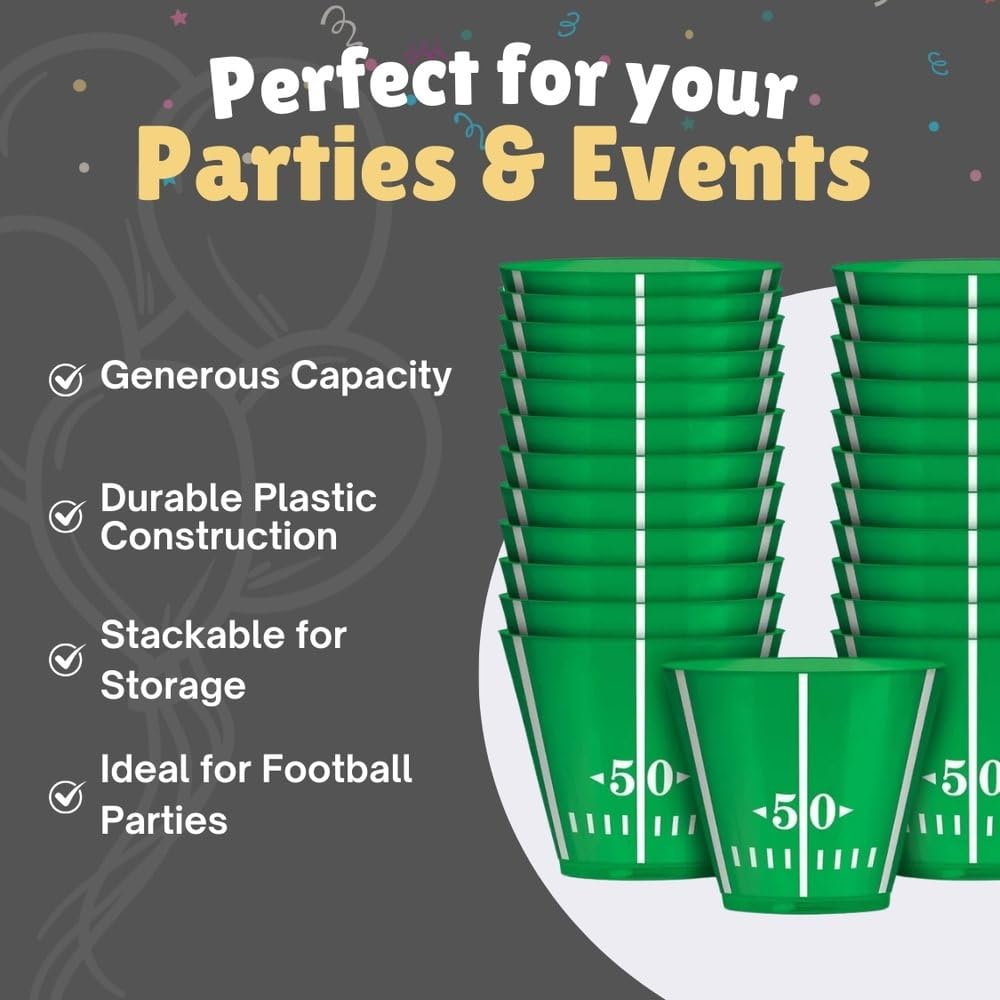 Vibrant Green Football Party Plastic Tumblers - 9 oz. (24 Pack) - Perfect for Game Day, Tailgating & Festive Celebrations