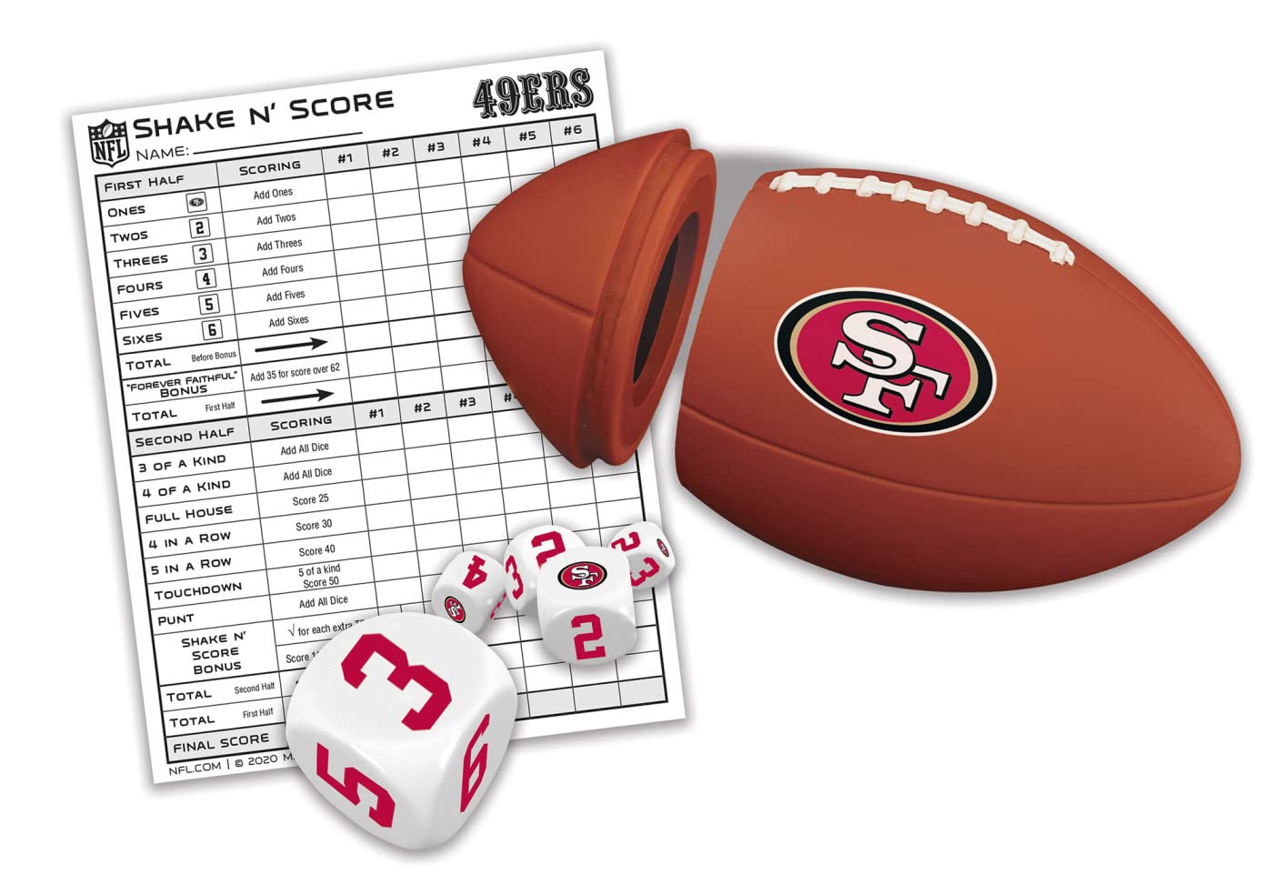 MasterPieces NFL San Francisco 49ers Shake N' Score Travel Dice Game, For 2 Players, Ages 6+, Black, One Size, Model: 41670