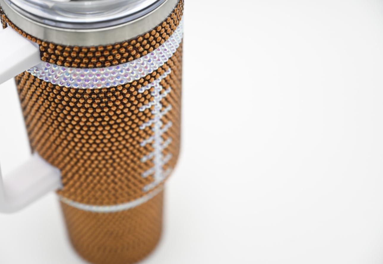 SEM LIFE 40 Oz Rhinestone Bling Tumbler Cup with Handle and Straw (FOOTBALL), Stainless Steel and Double Wall Insulated, Stand Out and Shine at Parties, Ball Games, Tailgating, Office, Daily Life