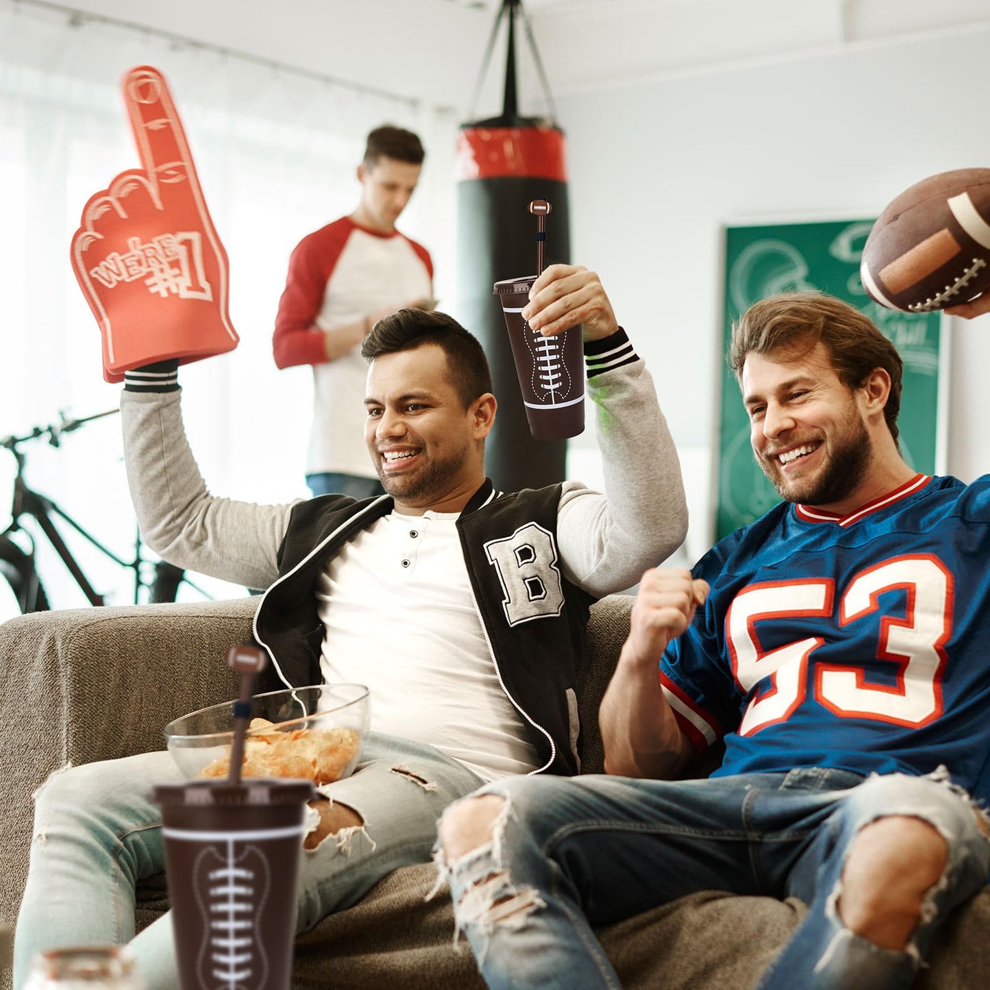 JarThenaAMCS 16Pcs 24oz Football Plastic Tumbler with Lid Straw and Straw Covers Reusable Sports Theme Party Drinking Cups for Birthday Sports Events Game Party Favors