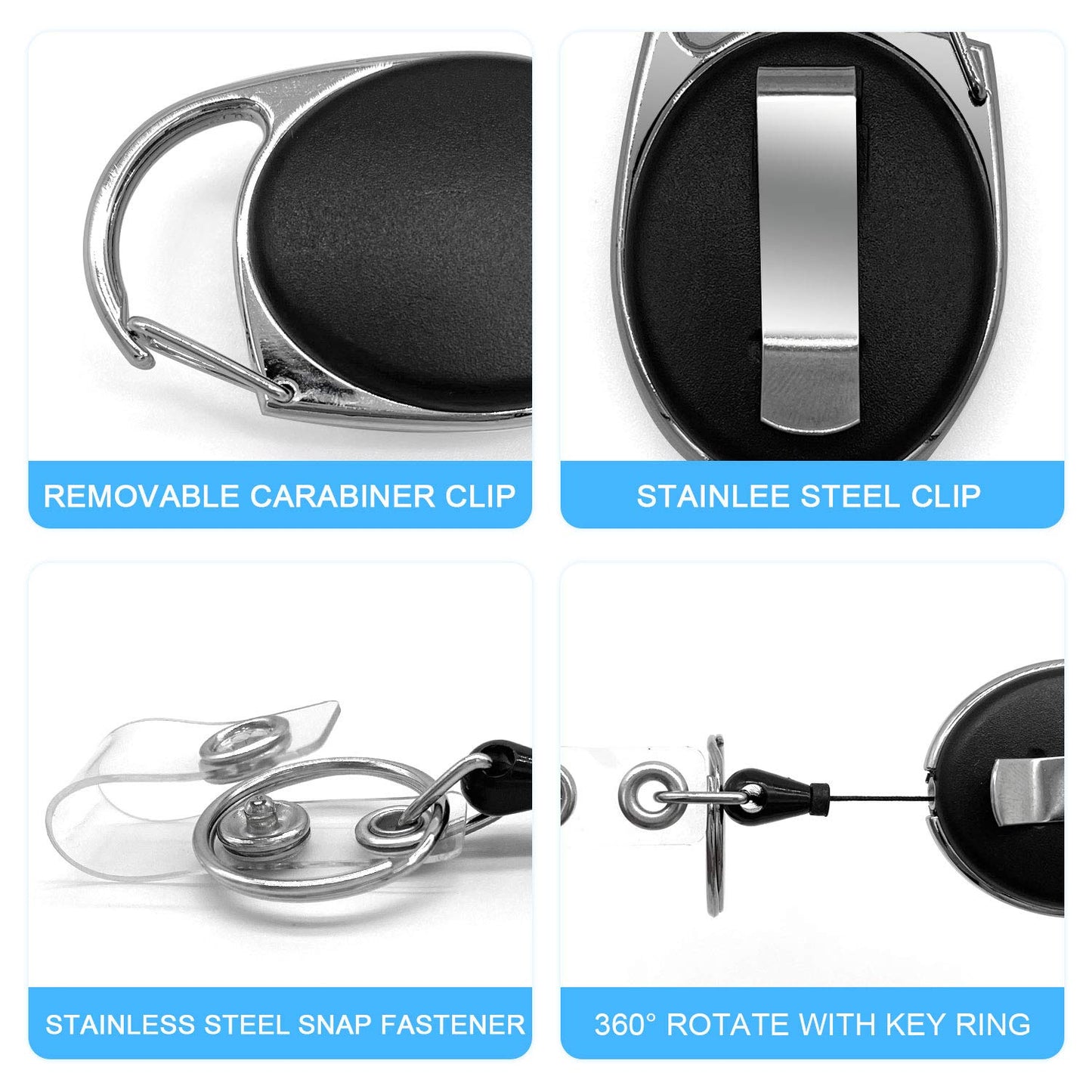 Teskyer Badge Reel, 5 Pack Retractable Badge Holders with Carabiner Belt Clip and Key Ring for ID Card Holder and Keychain