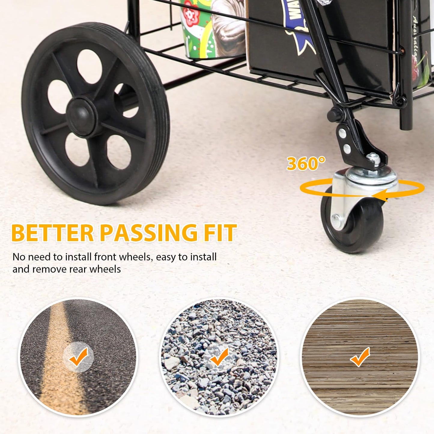 Kiffler Grocery Shopping Cart with 360° Rolling Swivel Wheels Utility Cart Easily Collapsible Cart 66lb Extended Foam Cover, Trolley for Laundry,Groceries,Travel Black (Medium)