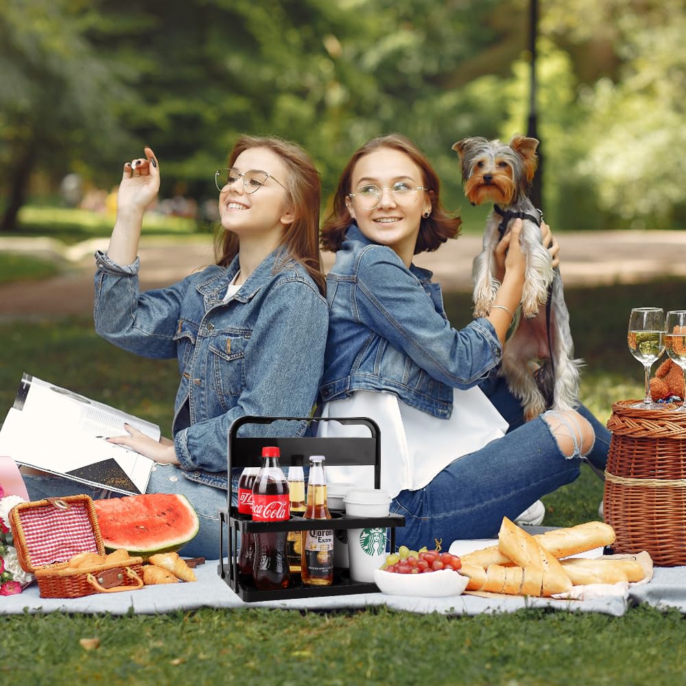 Bodaon 6 Cup Drink Carrier with Handle, Plastic Cup Carriers for Drinks, Drink Holder for Car, GrubHub/Eats Doordash Accessories, Portable Foldable Reusable Mobile, Use for Food Delivery Bag, Black