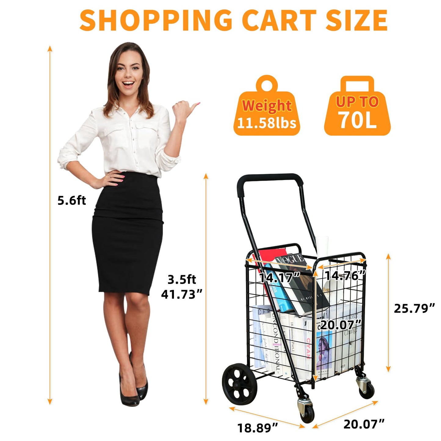 Kiffler Grocery Shopping Cart with 360° Rolling Swivel Wheels Utility Cart Easily Collapsible Cart 66lb Extended Foam Cover, Trolley for Laundry,Groceries,Travel Black (Medium)