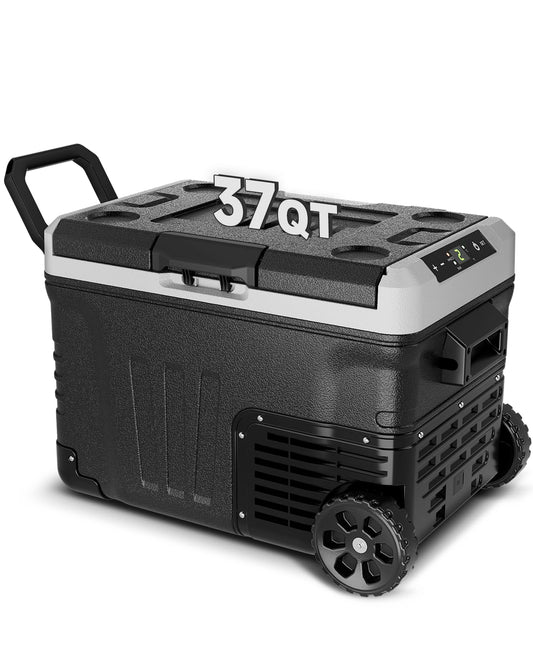 Feelfunn Car Fridge Portable 12V Refrigerator - 37 Quart(35L) Electric Cooler with 12/24V DC&110-240V AC for Truck Van RV Camper SUV, 12v Cooler with Wheels for Camping Boat Travel, -4~68°F