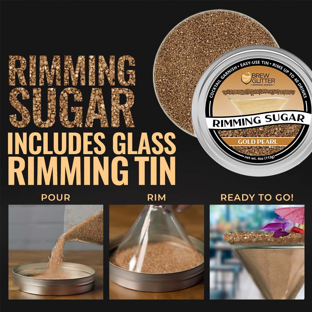 Brew Glitter - Gold Rimming Sugar (4oz, 1x Bar Tin) Cocktail Garnish for Mixed Drinks & Refreshments