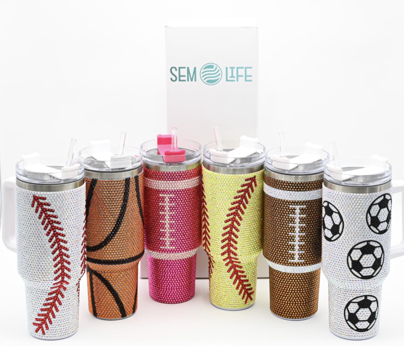 SEM LIFE 40 Oz Rhinestone Bling Tumbler Cup with Handle and Straw (FOOTBALL), Stainless Steel and Double Wall Insulated, Stand Out and Shine at Parties, Ball Games, Tailgating, Office, Daily Life