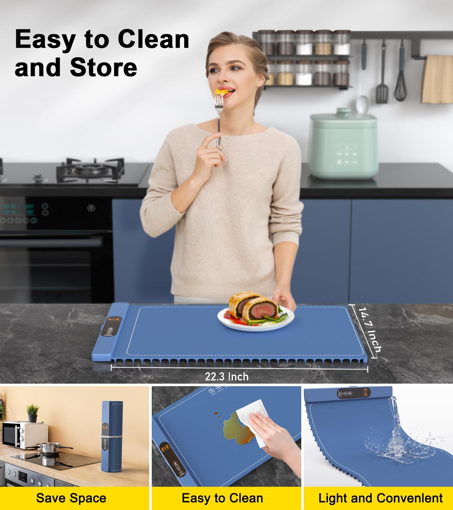 Food Warming Mat, Electric Silicone Food Warmer Full Surface Heating, Roll Up, 6 Temperature Settings, 5H Timer, Safety Lock, Portable Warming Tray for Kitchen, Buffets Party, Everyday Use