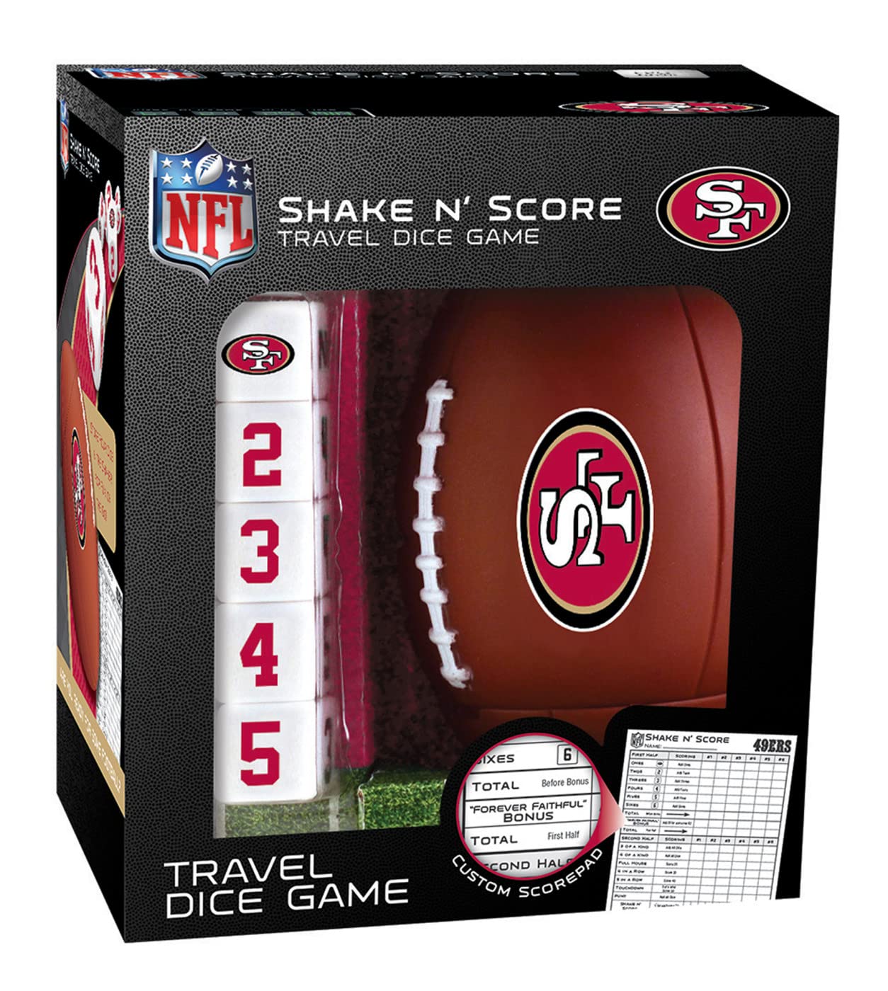 MasterPieces NFL San Francisco 49ers Shake N' Score Travel Dice Game, For 2 Players, Ages 6+, Black, One Size, Model: 41670
