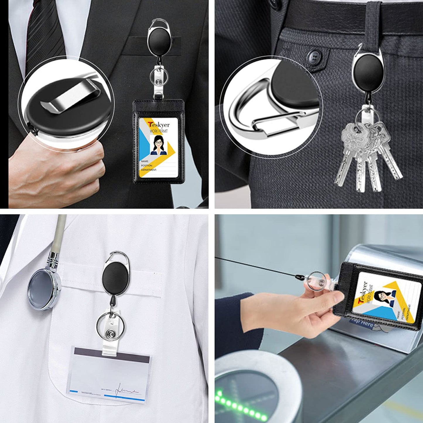 Teskyer Badge Reel, 5 Pack Retractable Badge Holders with Carabiner Belt Clip and Key Ring for ID Card Holder and Keychain