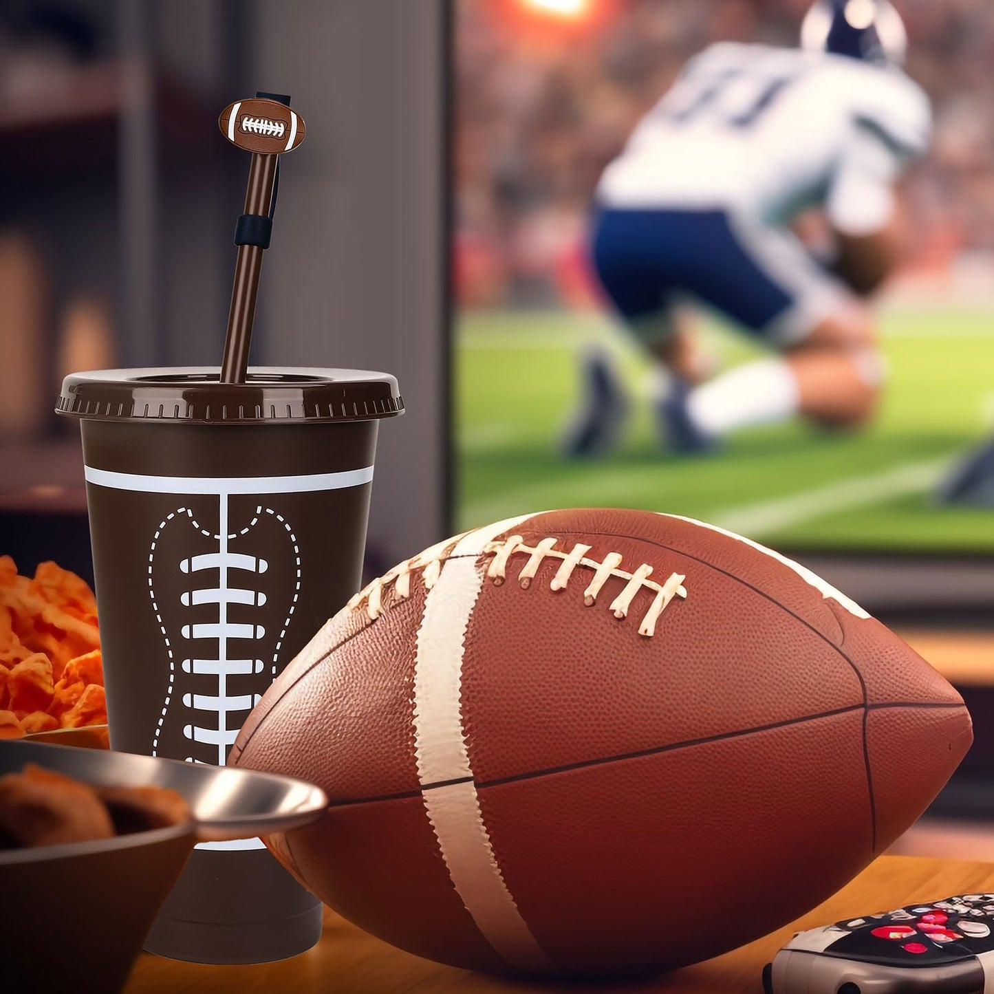 JarThenaAMCS 16Pcs 24oz Football Plastic Tumbler with Lid Straw and Straw Covers Reusable Sports Theme Party Drinking Cups for Birthday Sports Events Game Party Favors