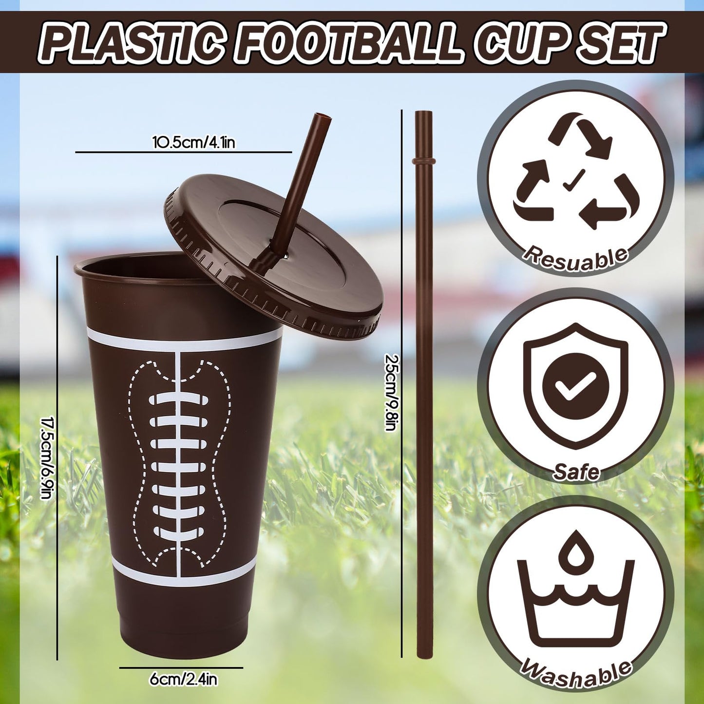 JarThenaAMCS 16Pcs 24oz Football Plastic Tumbler with Lid Straw and Straw Covers Reusable Sports Theme Party Drinking Cups for Birthday Sports Events Game Party Favors