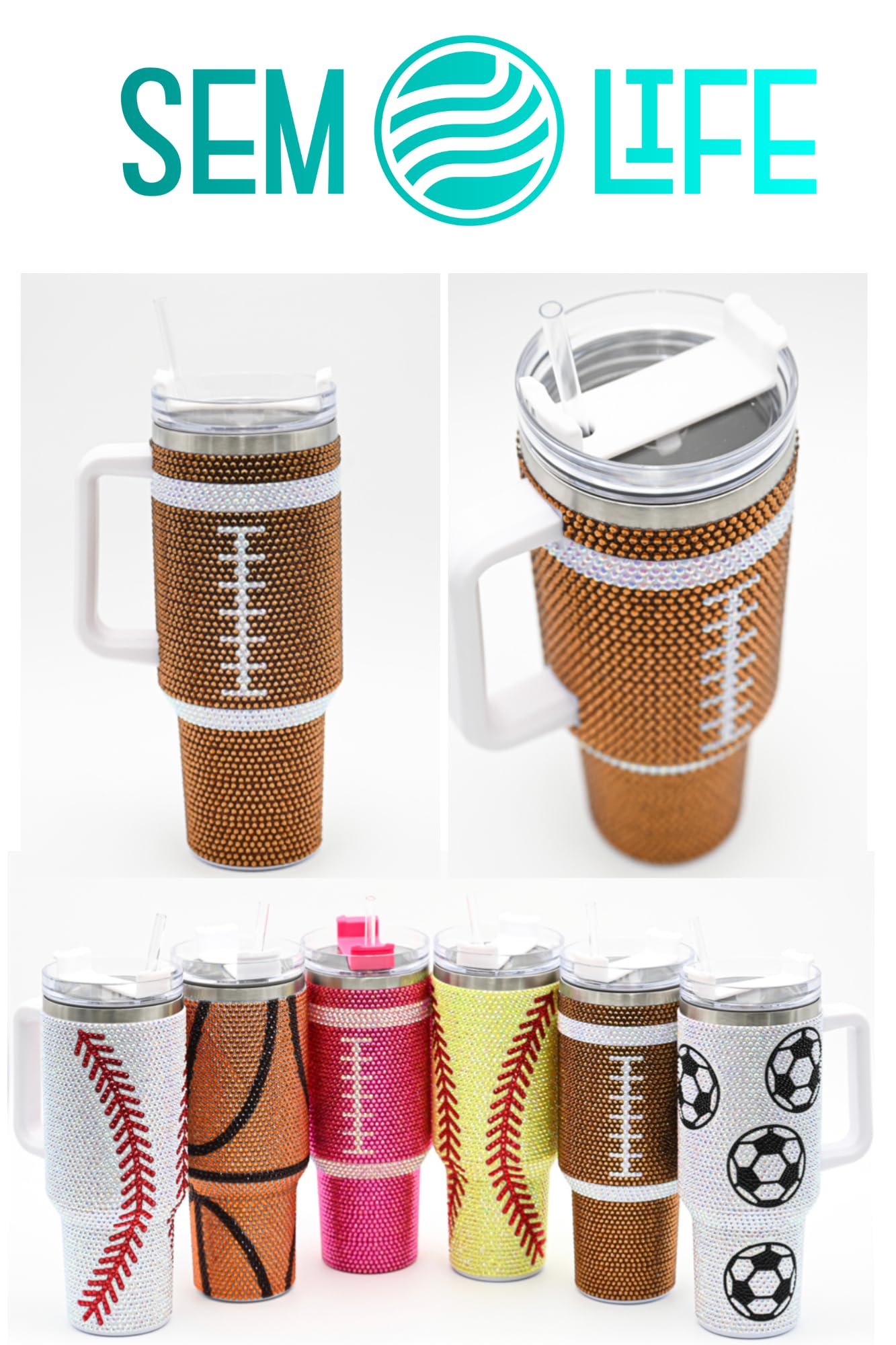SEM LIFE 40 Oz Rhinestone Bling Tumbler Cup with Handle and Straw (FOOTBALL), Stainless Steel and Double Wall Insulated, Stand Out and Shine at Parties, Ball Games, Tailgating, Office, Daily Life