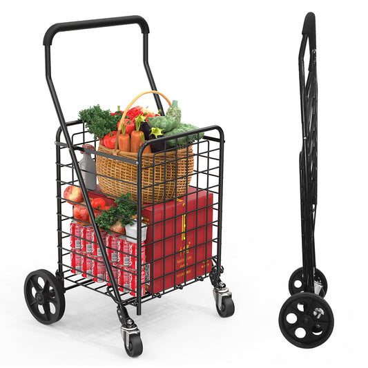 Kiffler Grocery Shopping Cart with 360° Rolling Swivel Wheels Utility Cart Easily Collapsible Cart 66lb Extended Foam Cover, Trolley for Laundry,Groceries,Travel Black (Medium)