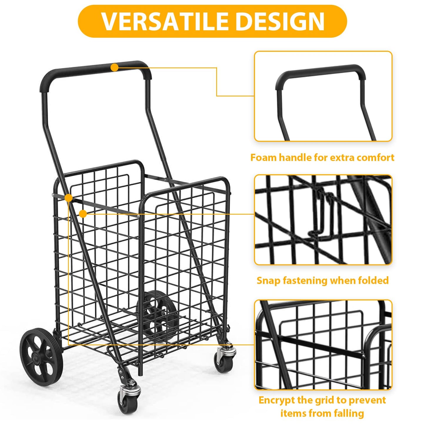 Kiffler Grocery Shopping Cart with 360° Rolling Swivel Wheels Utility Cart Easily Collapsible Cart 66lb Extended Foam Cover, Trolley for Laundry,Groceries,Travel Black (Medium)