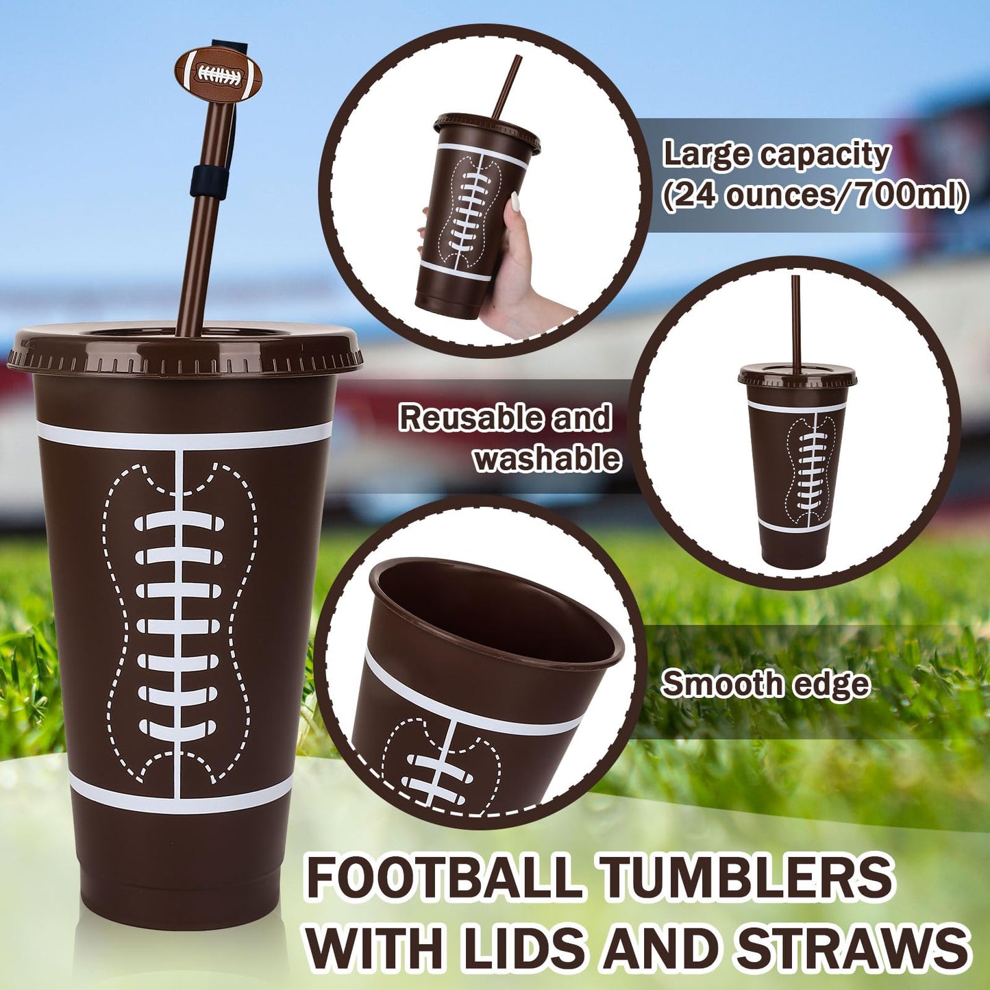 JarThenaAMCS 16Pcs 24oz Football Plastic Tumbler with Lid Straw and Straw Covers Reusable Sports Theme Party Drinking Cups for Birthday Sports Events Game Party Favors