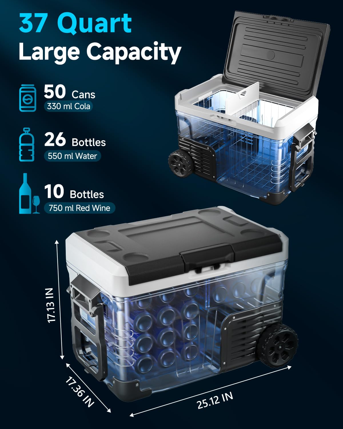 Feelfunn Car Fridge Portable 12V Refrigerator - 37 Quart(35L) Electric Cooler with 12/24V DC&110-240V AC for Truck Van RV Camper SUV, 12v Cooler with Wheels for Camping Boat Travel, -4~68°F