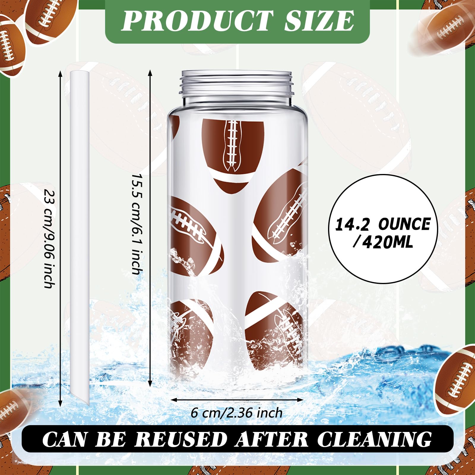 Shinylin 40 Pcs Drawstring Bag Set 14.2 oz 20 Reusable Tumbler Clear Plastic Drinking Cups with Lids and Straws Tumbler 20 Goodie Gift Bag for School Team Coach Gift Party Supplies(Football)