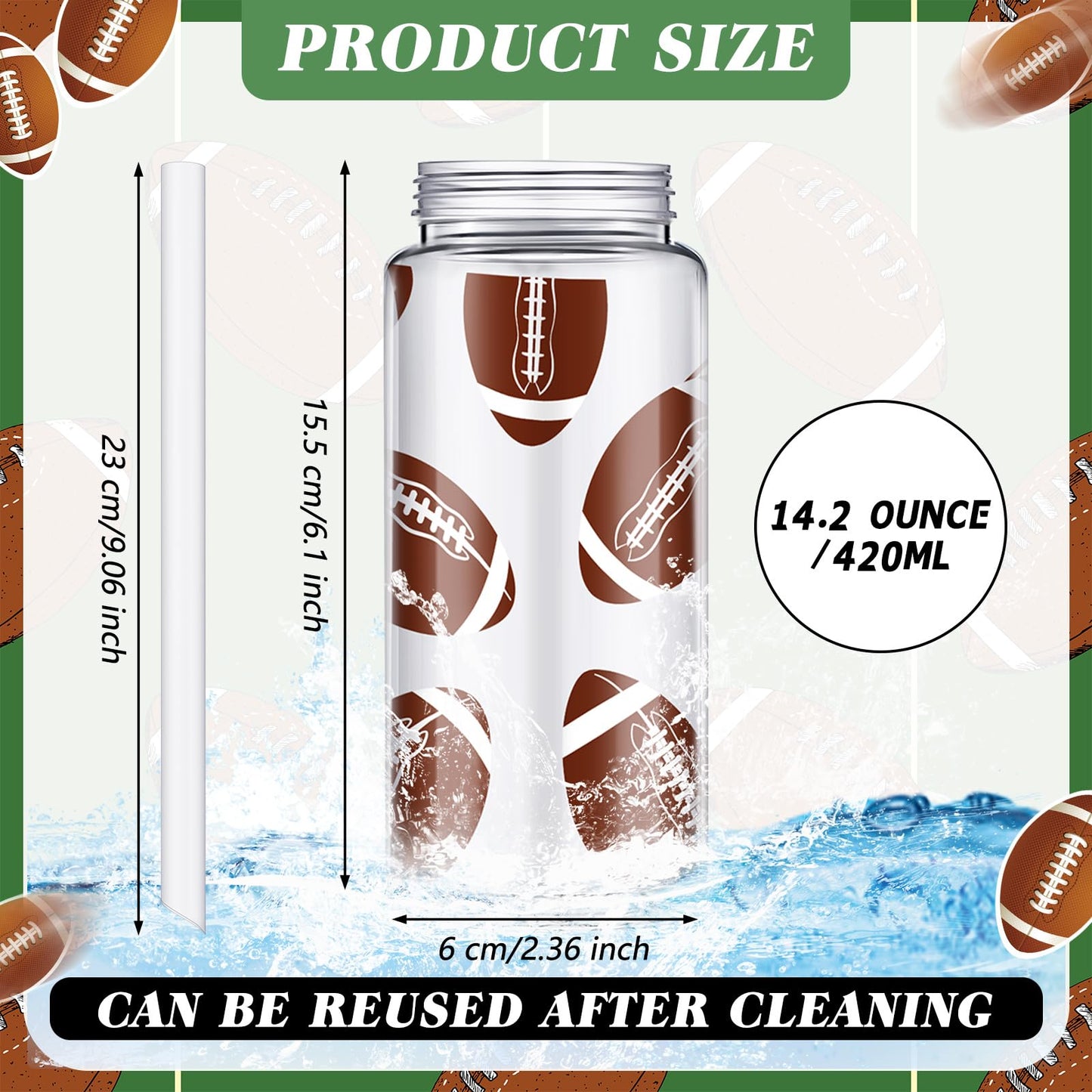 Shinylin 40 Pcs Drawstring Bag Set 14.2 oz 20 Reusable Tumbler Clear Plastic Drinking Cups with Lids and Straws Tumbler 20 Goodie Gift Bag for School Team Coach Gift Party Supplies(Football)