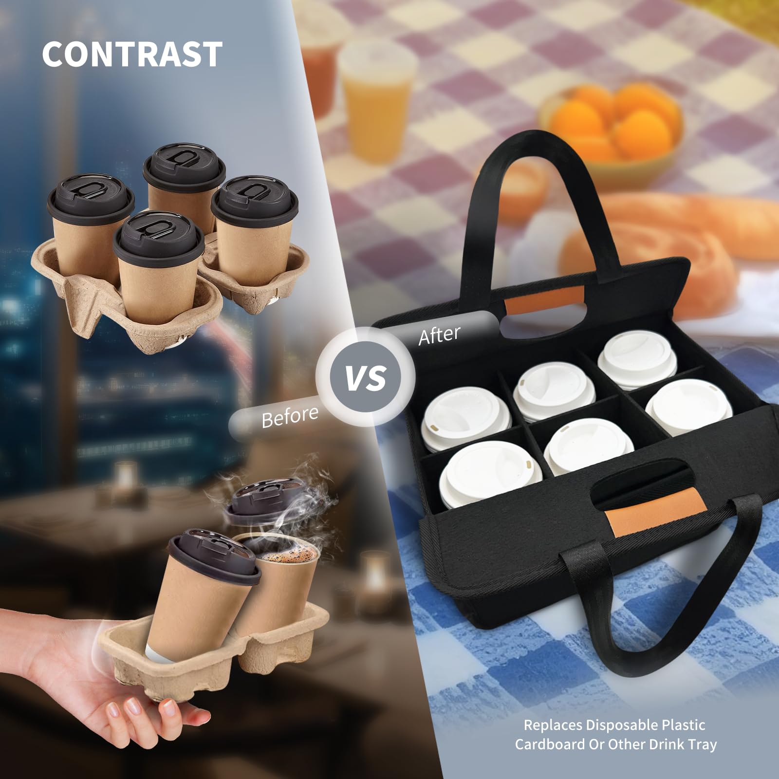 NENYX Reusable 4/6 Cup Drink Carrier with Handle and Adjustable Dividers, Insulated Caddy for Take Out, Foldable Coffee Cup Holder for Hot & Cold Drinks (Black, 6 Cups)
