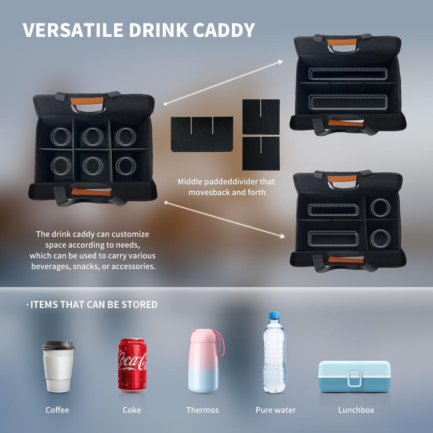 NENYX Reusable 4/6 Cup Drink Carrier with Handle and Adjustable Dividers, Insulated Caddy for Take Out, Foldable Coffee Cup Holder for Hot & Cold Drinks (Black, 6 Cups)