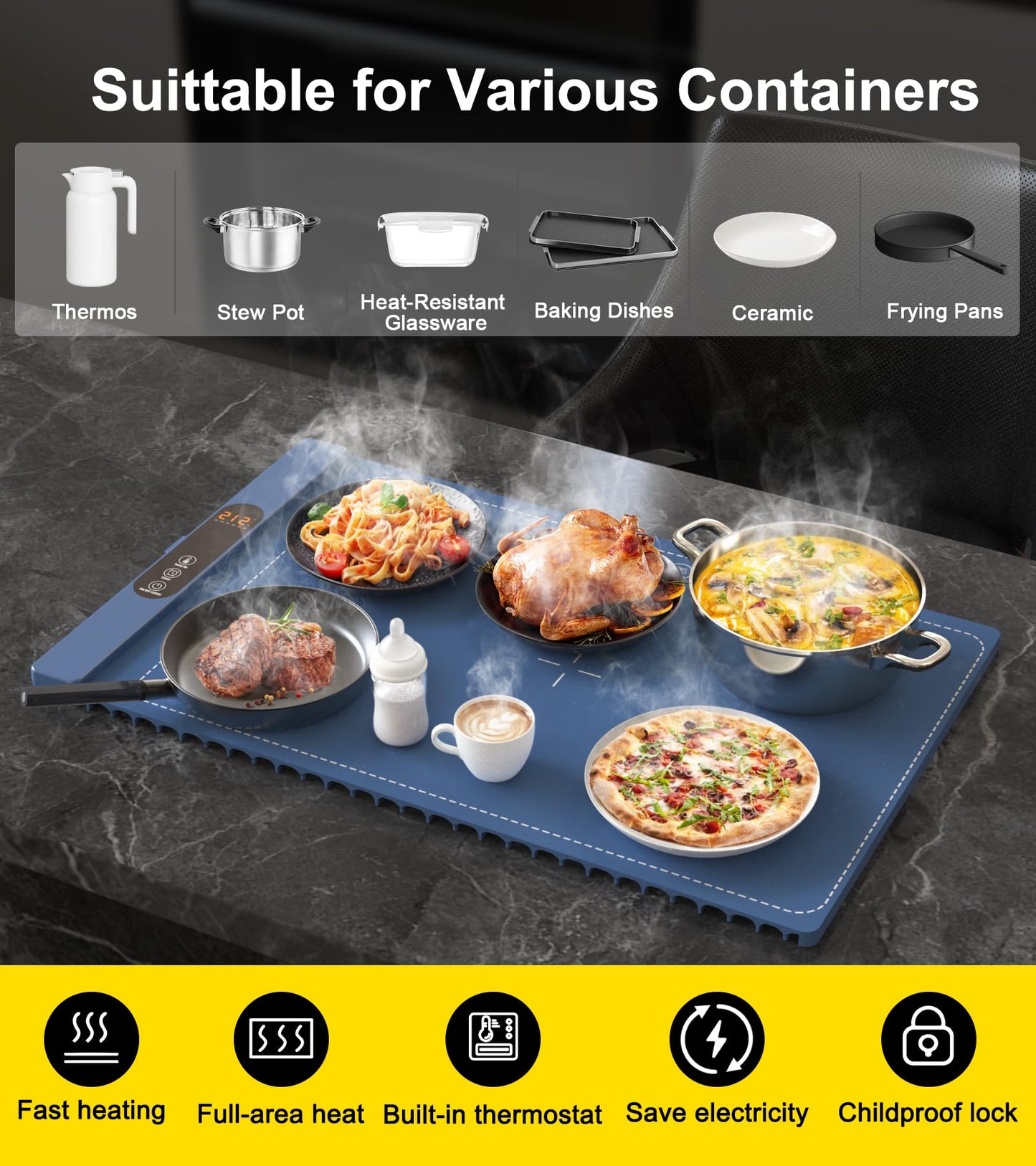Food Warming Mat, Electric Silicone Food Warmer Full Surface Heating, Roll Up, 6 Temperature Settings, 5H Timer, Safety Lock, Portable Warming Tray for Kitchen, Buffets Party, Everyday Use