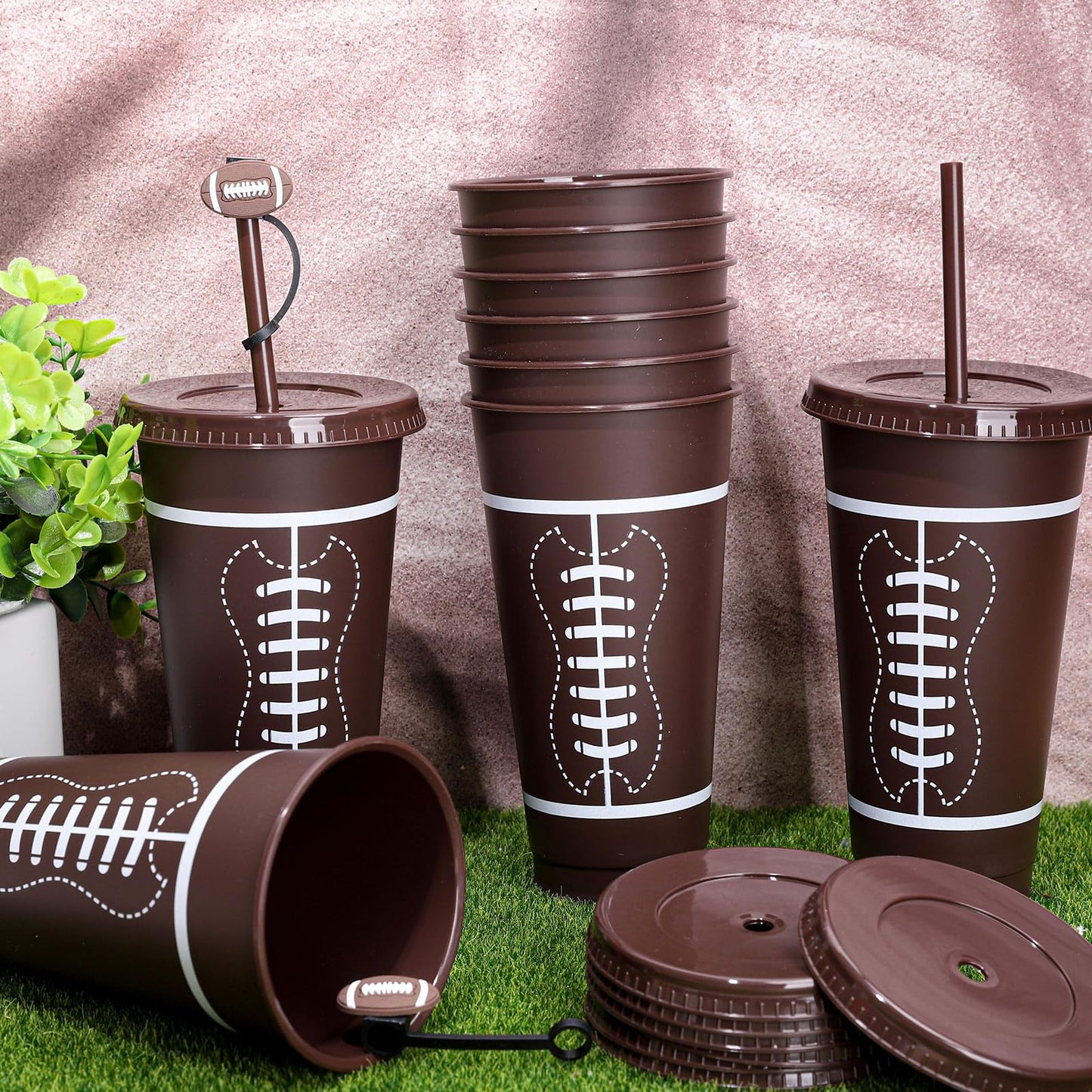 JarThenaAMCS 16Pcs 24oz Football Plastic Tumbler with Lid Straw and Straw Covers Reusable Sports Theme Party Drinking Cups for Birthday Sports Events Game Party Favors