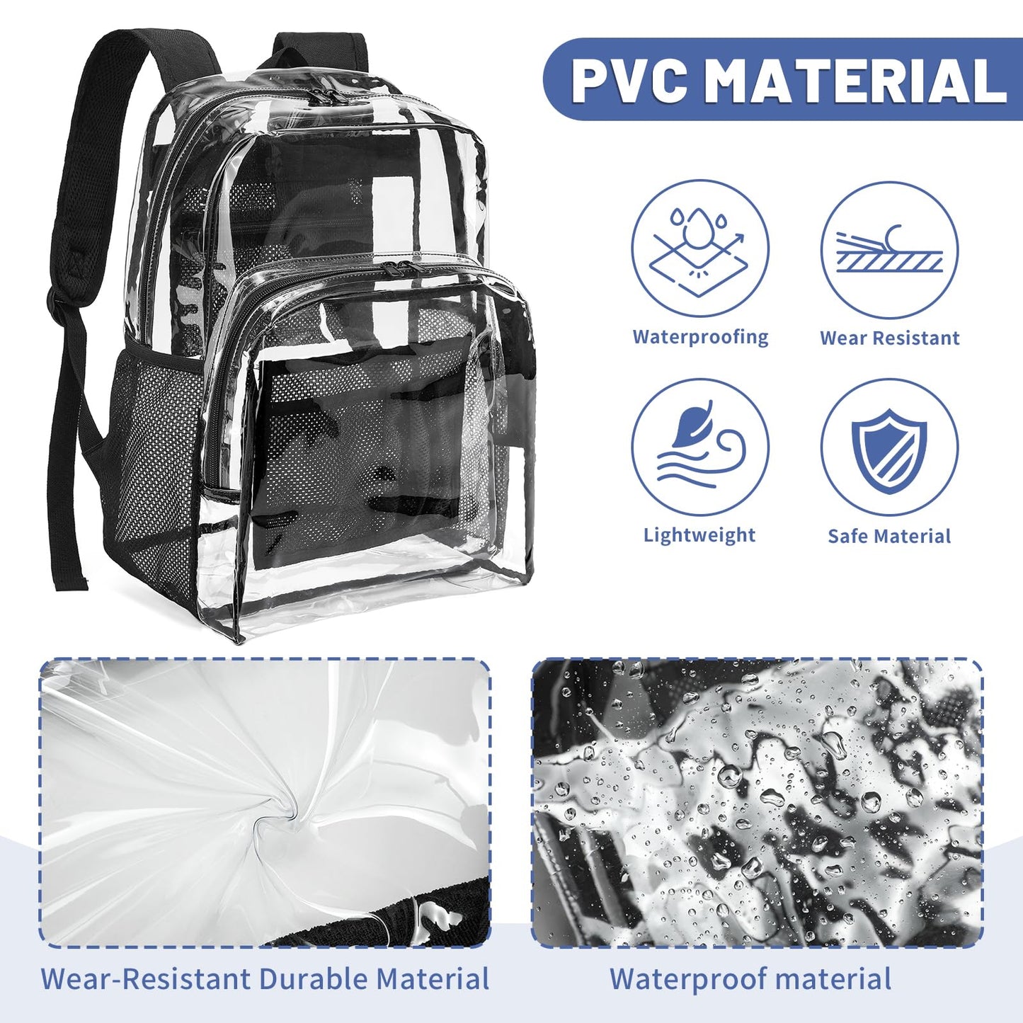 YGR Clear Backpack Heavy Duty PVC Transparent Backpack See Through Large Capacity Multiple Pockets Bookbag for Concert Work Security Travel Festival Black