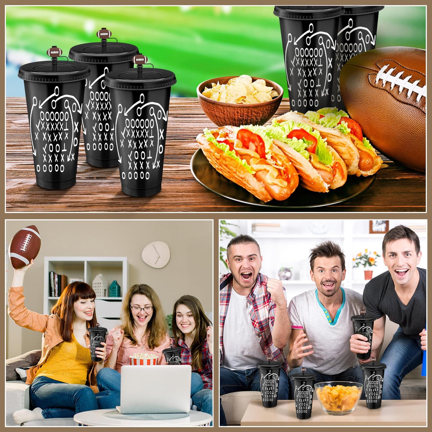 Domensi 12 Pcs Football Plastic Tumbler with Lid and Straw 24oz Reusable Plastic Cups with Straw Cover Caps Football Gifts for Fan Friend Guest Birthday Office Sport Party Supplies