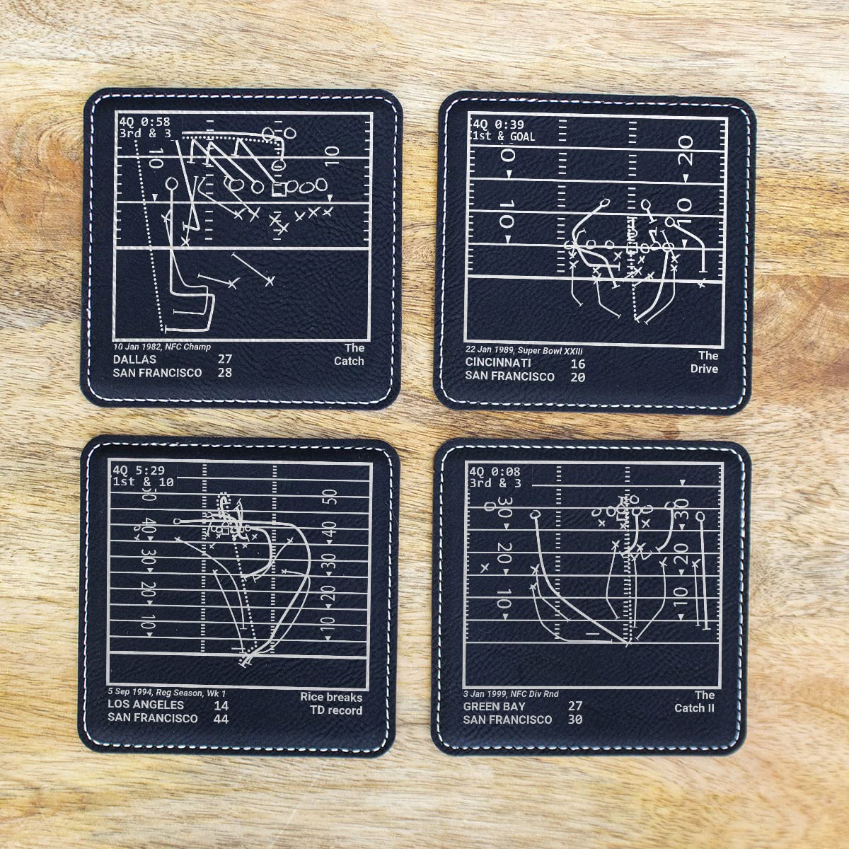 Greatest 49ers Plays: Leatherette Coasters (Set of 4) | Iconic San Francisco Football Moments | Unique Gift for Sports Fans