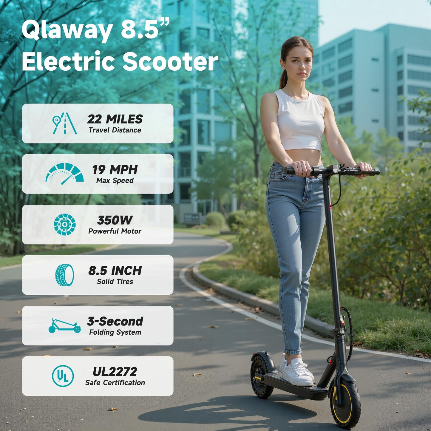 Qlaway 8.5" E Scooter for Adults Aluminum Alloy Frame 20 MPH 350W Motor 281WH Battery, Motorized Scooter Up to 20 Miles Range, Foldable Bearing 265 LBS/APP Control