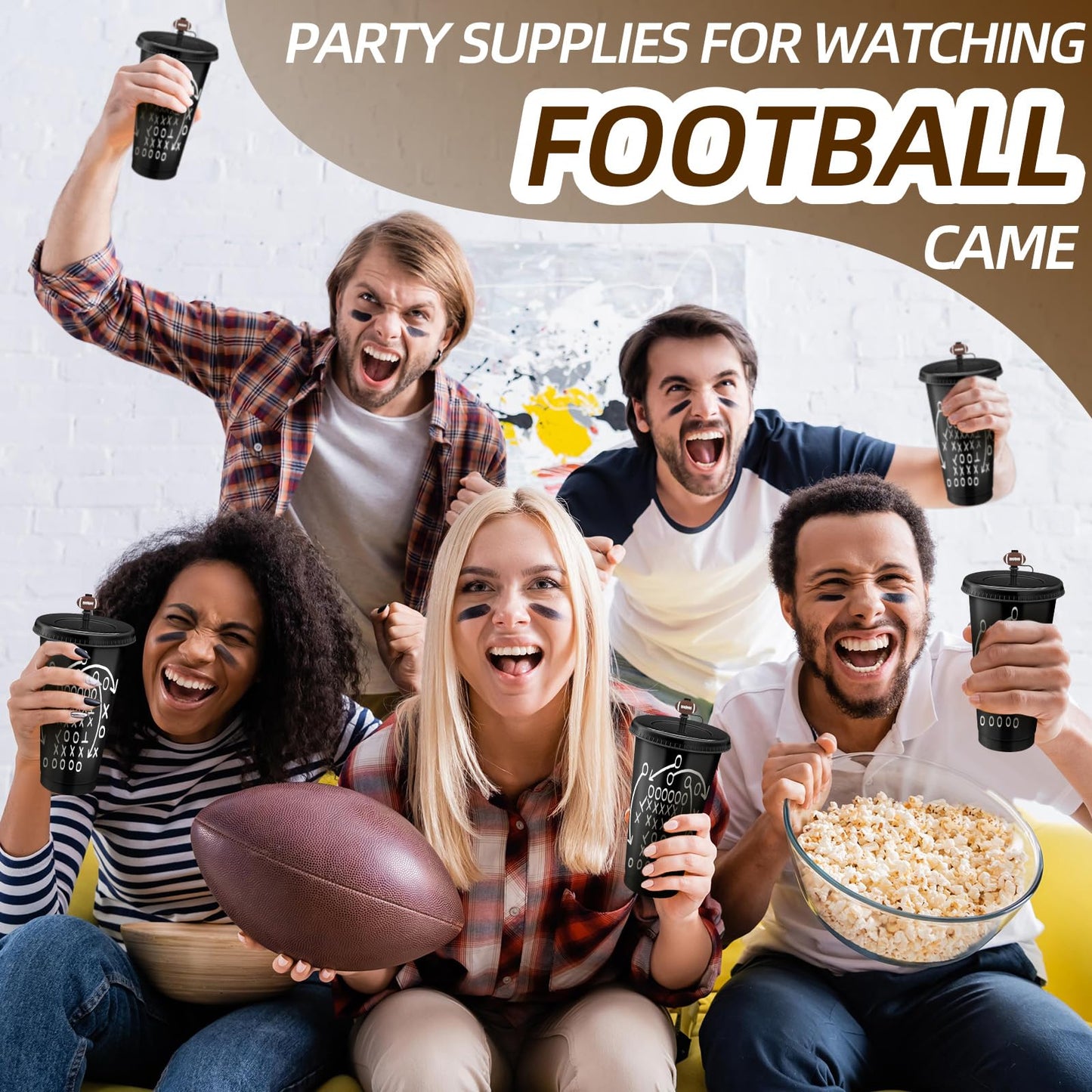 Domensi 12 Pcs Football Plastic Tumbler with Lid and Straw 24oz Reusable Plastic Cups with Straw Cover Caps Football Gifts for Fan Friend Guest Birthday Office Sport Party Supplies