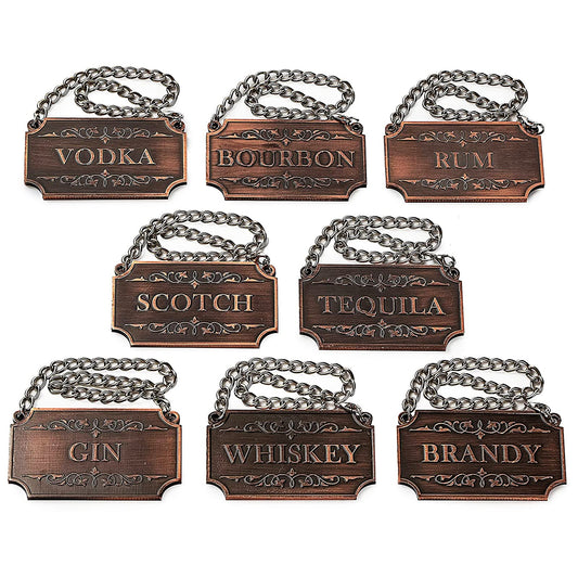 Decanter Tags Copper Set of 8 for Alcohol - The Wine Savant - Bottle - Whiskey, Scotch, Bourbon, Gin, Rum, Vodka, Tequila and Brandy, Fits All Bottles, Great Home Gift, Gifts for Dad