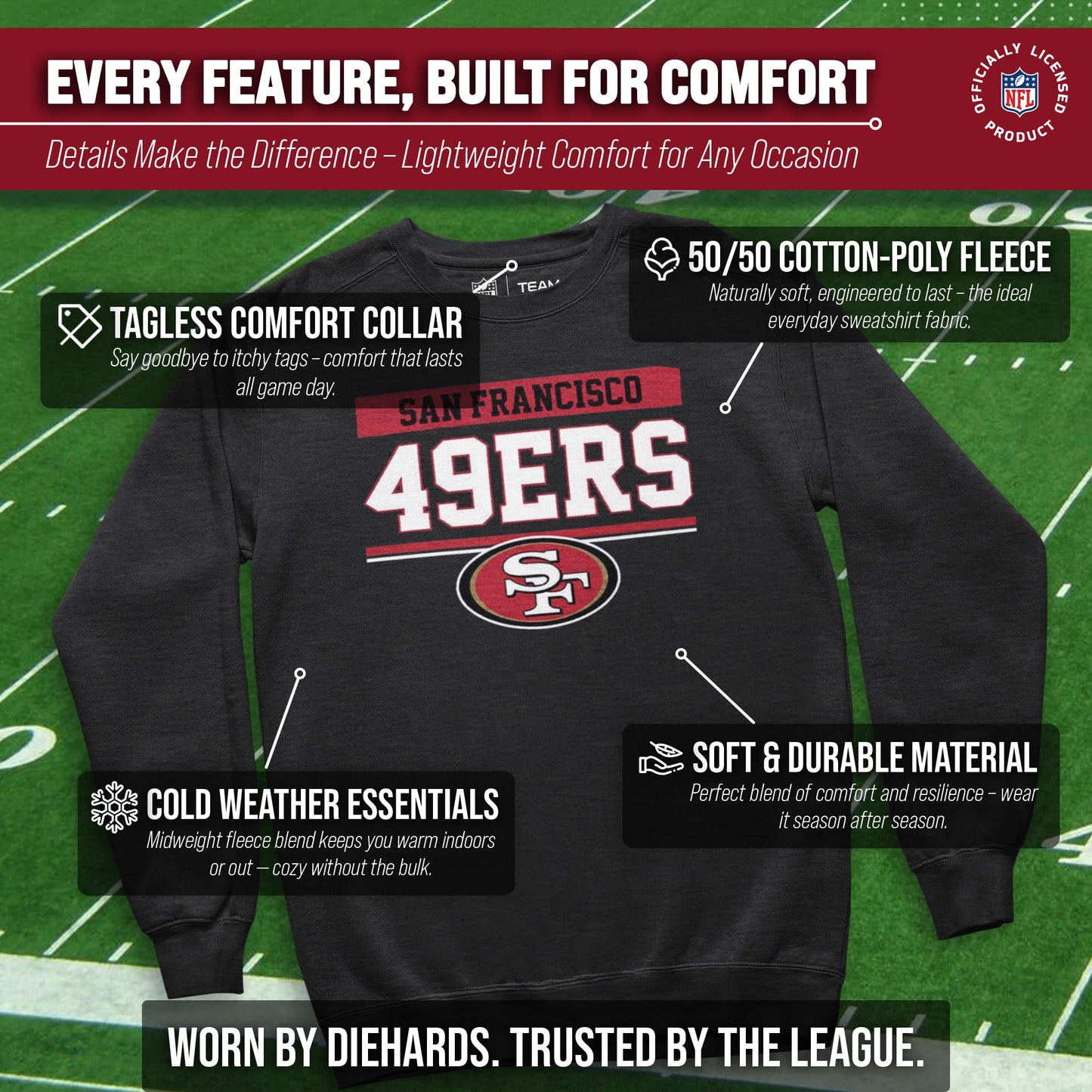 Team Fan Apparel NFL Adult Long Sleeve Team Block Charcoal Crewneck Sweatshirt - Stay Warm & Represent Your Team With Style (San Francisco 49ers - Charcoal, XX-Large)