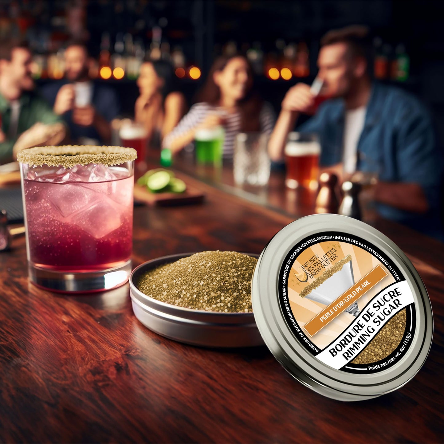 Brew Glitter - Gold Rimming Sugar (4oz, 1x Bar Tin) Cocktail Garnish for Mixed Drinks & Refreshments