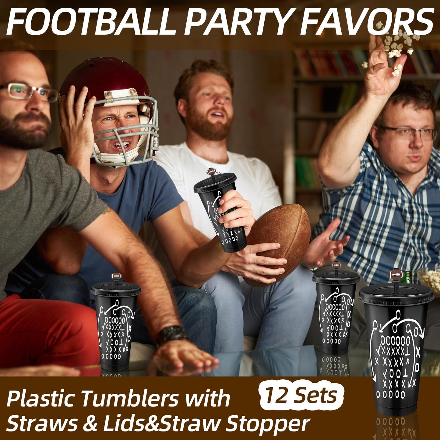 Domensi 12 Pcs Football Plastic Tumbler with Lid and Straw 24oz Reusable Plastic Cups with Straw Cover Caps Football Gifts for Fan Friend Guest Birthday Office Sport Party Supplies