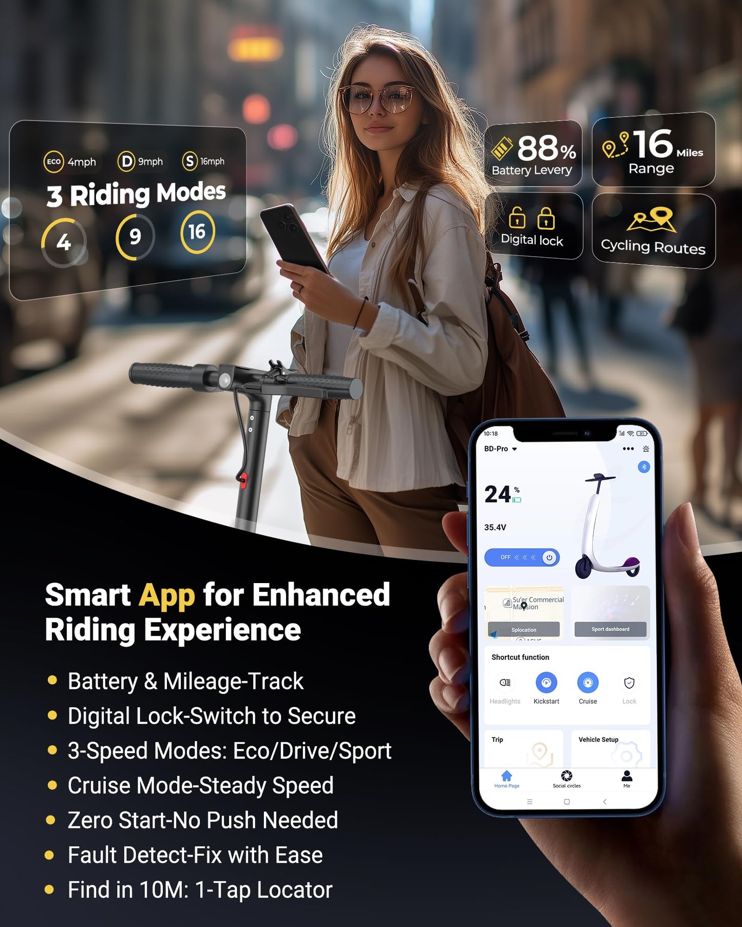 MAXSHOT V7 Electric Scooter, 350W Powerful Motor, 16MPH Top Speed,16Miles Long Range, 8.5" Solid Tires Folding Commuter Escooter with Double Braking Systems for Adults and Teens