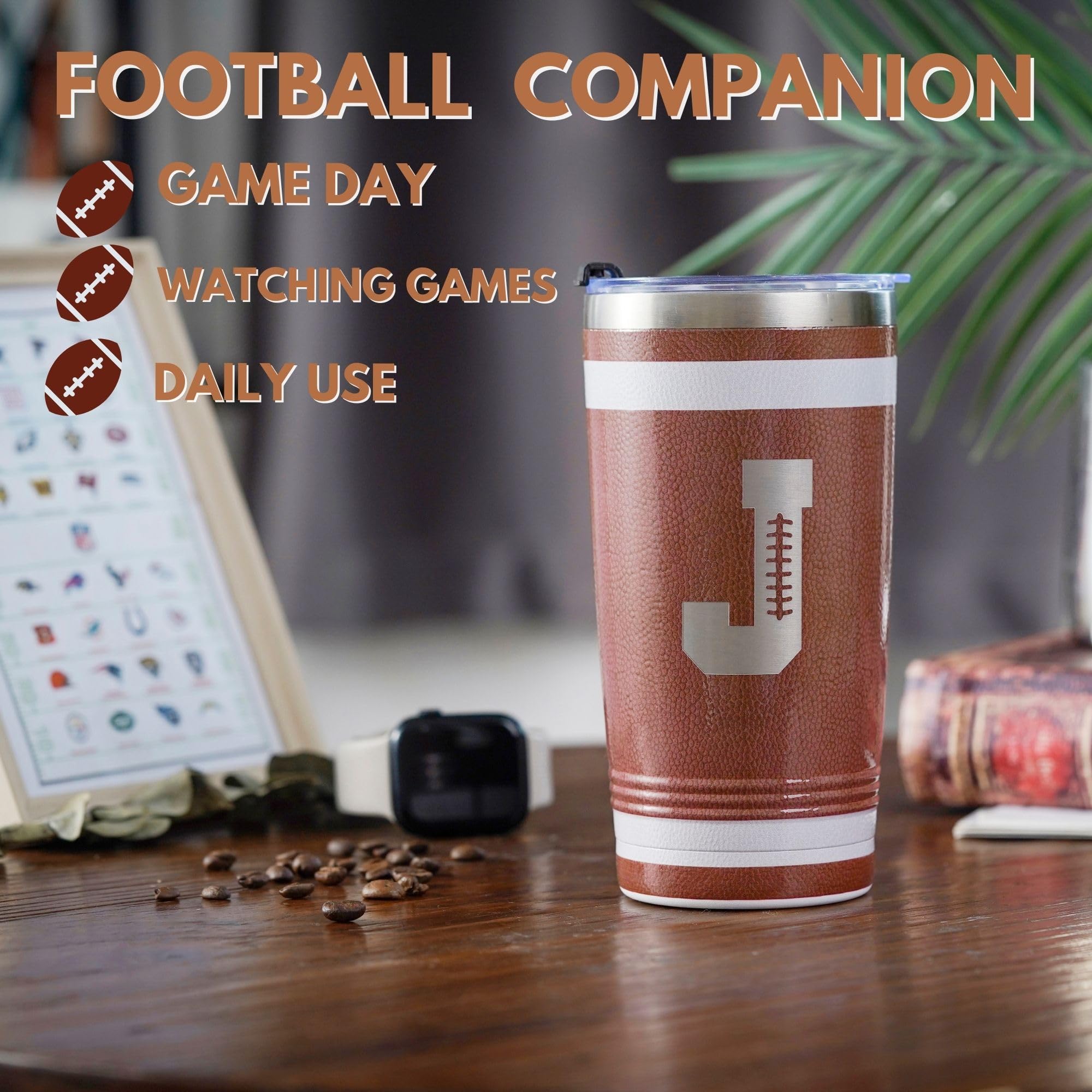 Onebttl Personalized Football Gifts for Teen Boys, Men, Coaches, 20oz Stainless Steel Tumbler with Laser Etched Initials for Football Players, Lovers - J