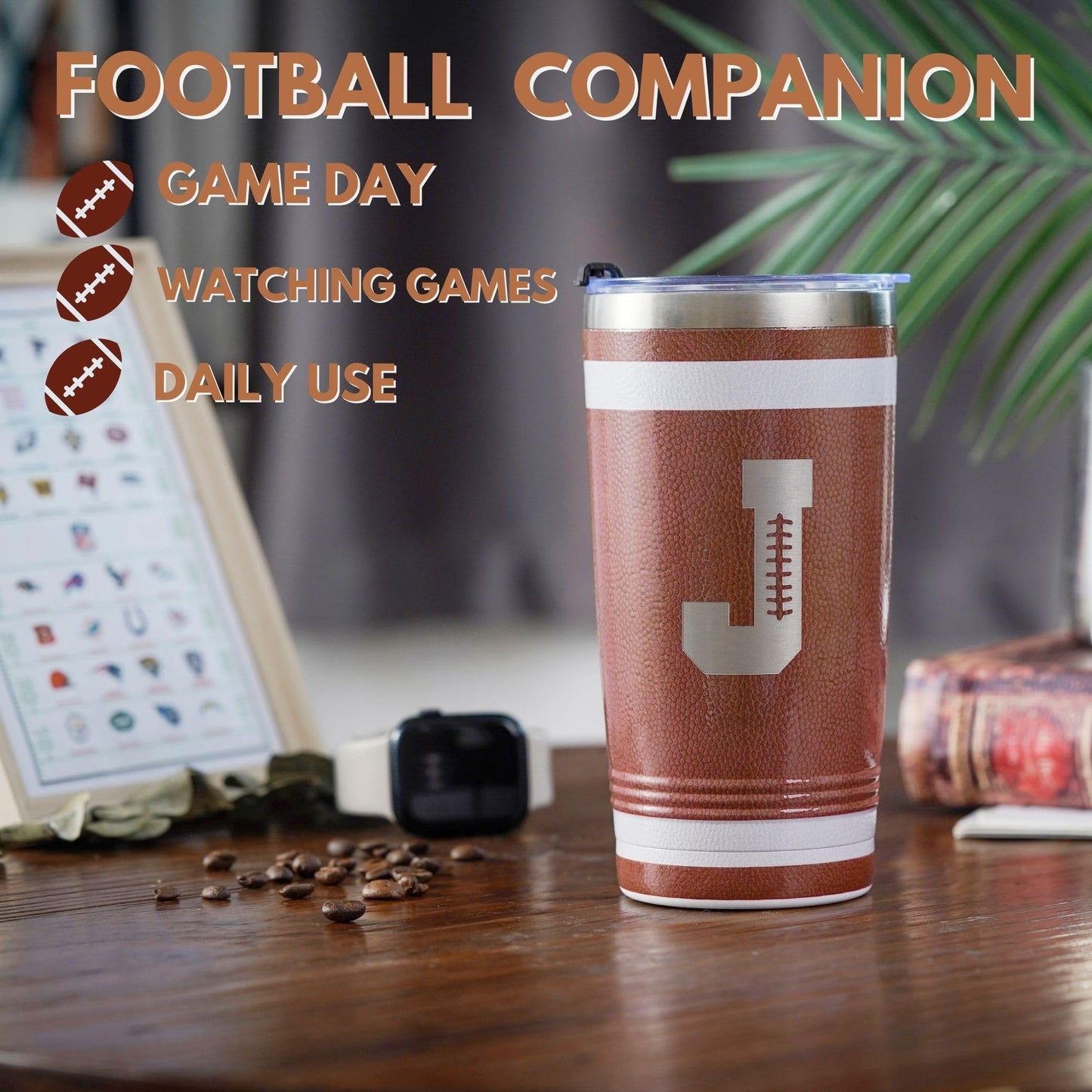 Onebttl Personalized Football Gifts for Teen Boys, Men, Coaches, 20oz Stainless Steel Tumbler with Laser Etched Initials for Football Players, Lovers - J