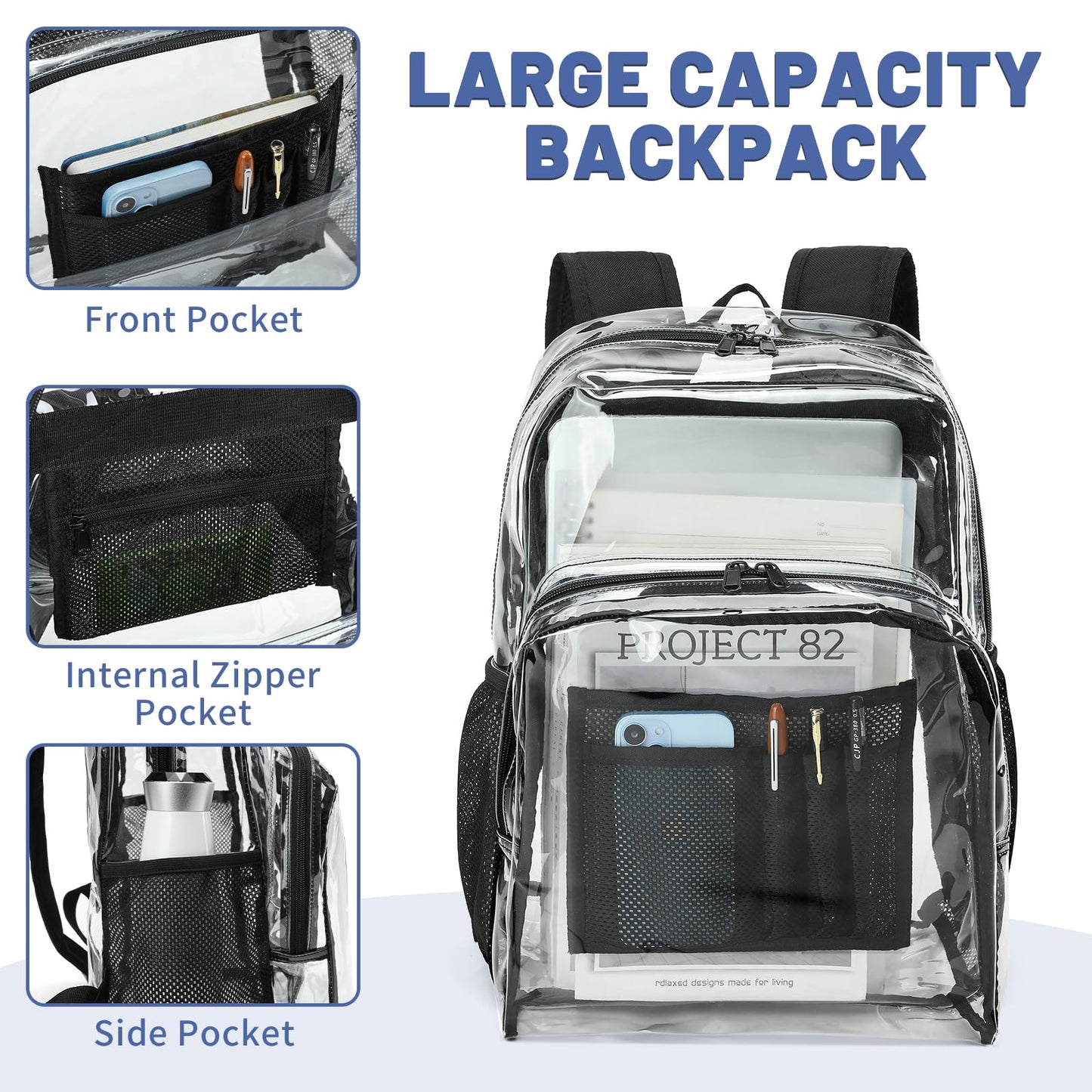 YGR Clear Backpack Heavy Duty PVC Transparent Backpack See Through Large Capacity Multiple Pockets Bookbag for Concert Work Security Travel Festival Black