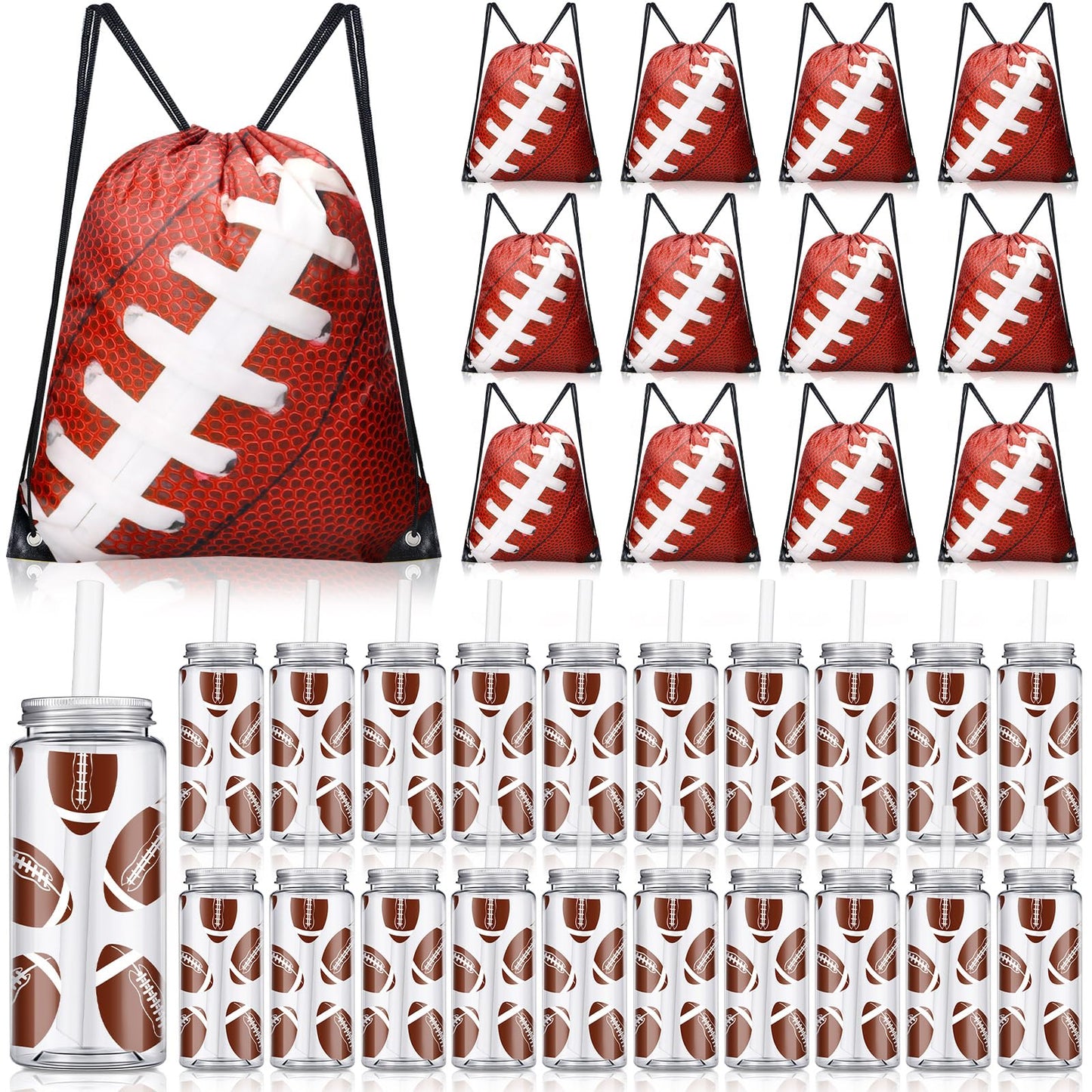 Shinylin 40 Pcs Drawstring Bag Set 14.2 oz 20 Reusable Tumbler Clear Plastic Drinking Cups with Lids and Straws Tumbler 20 Goodie Gift Bag for School Team Coach Gift Party Supplies(Football)