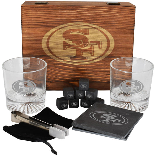 The Memory Company Licensed NFL Wood Boxed Drinkware Gift Set - Includes 2 Premium Rock Glasses, Cooling Cubes, Tongs, and Coasters, San Francisco 49ers