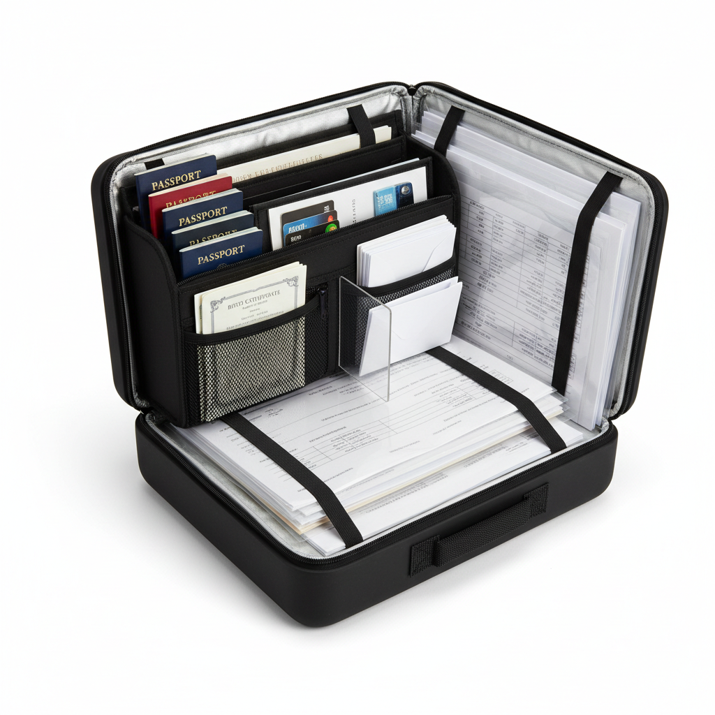 Fireproof document box open with contents